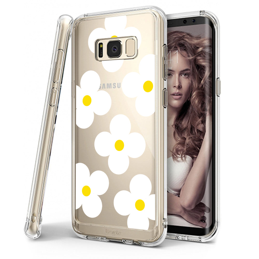 Galaxy S8 Plus Case | Fusion Deco - Clear phone case with white and yellow flower pattern on a Galaxy S8 Plus.
