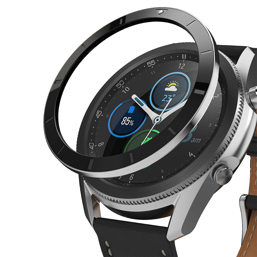 Galaxy Watch 3 (45mm) | Bezel Styling - A glossy black adhesive bezel ring hovering above a Galaxy Watch 3 face.