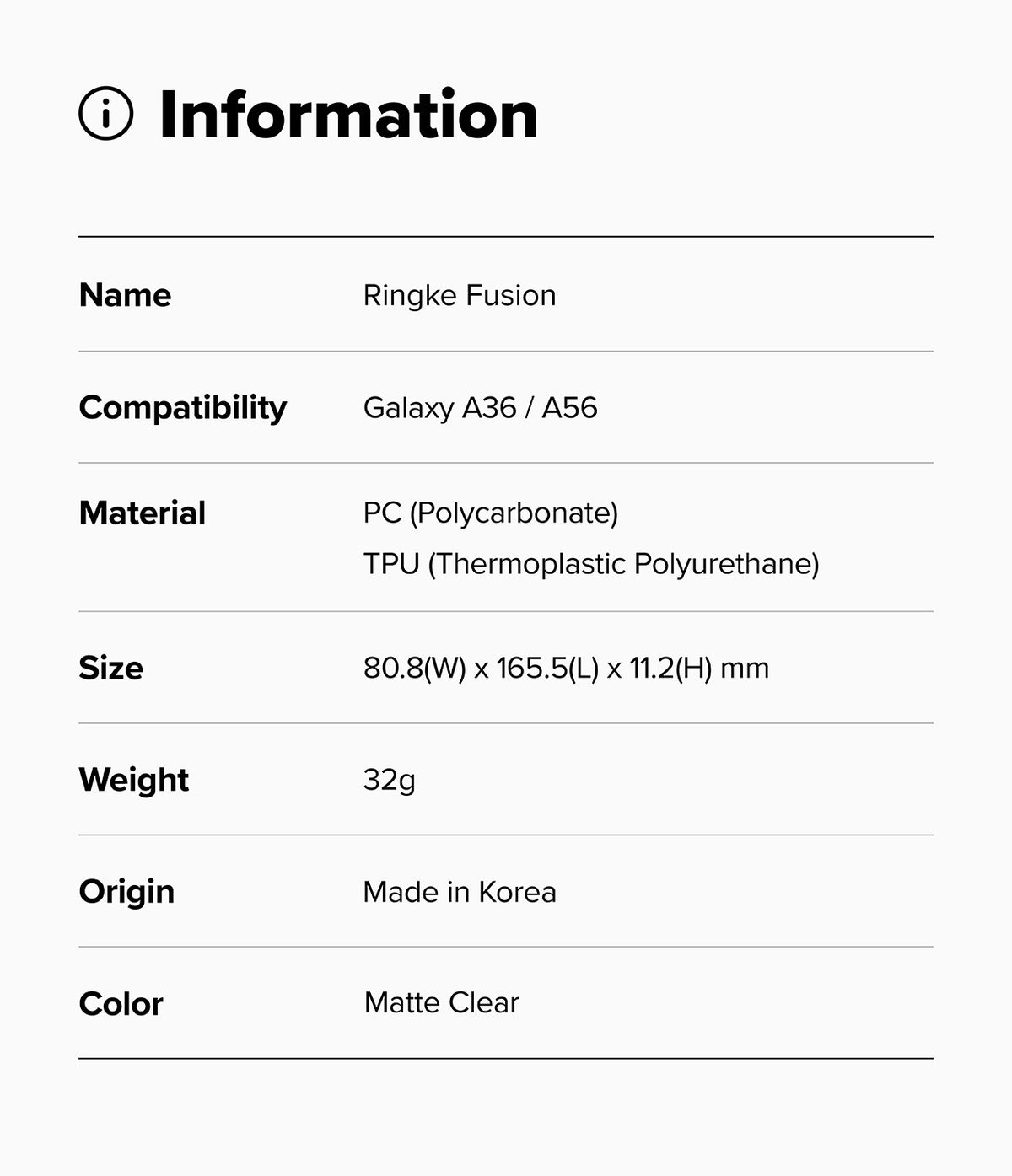 Galaxy A36 / A56 Case | Fusion Matte - Information table listing product specs for Ringke Fusion case in Matte Clear.