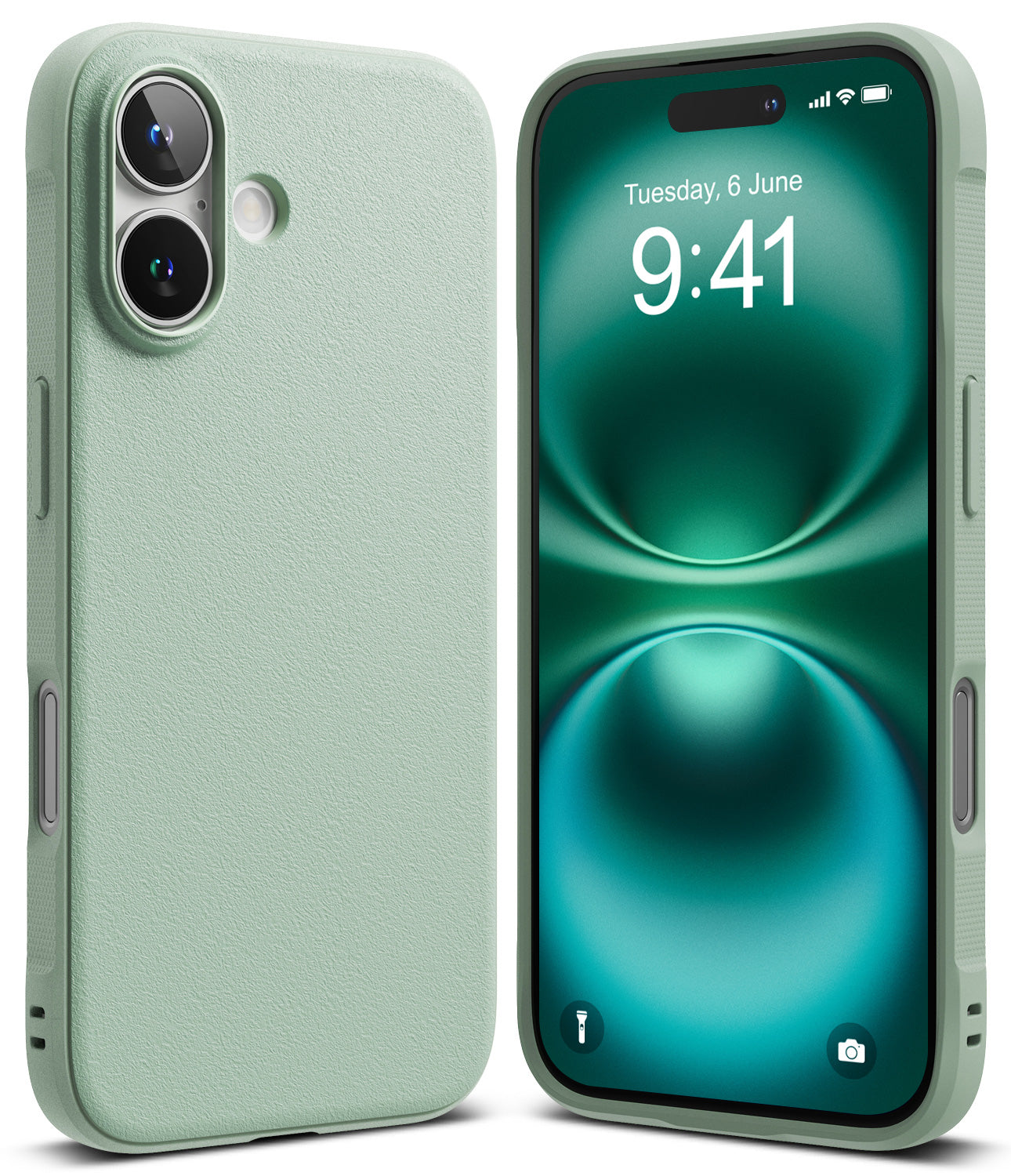 iPhone 16 Case | Onyx - Mint green iPhone 16 case shown from back and front with a matching green abstract screen display.