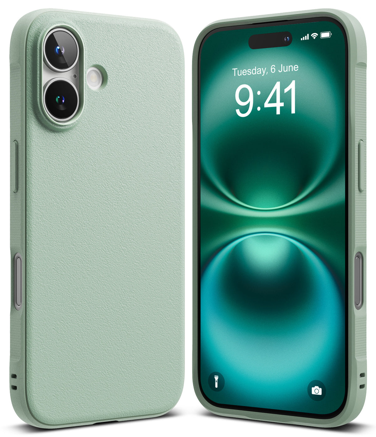 iPhone 16 Case | Onyx - Mint green iPhone 16 case shown from back and front with a matching green abstract screen display.