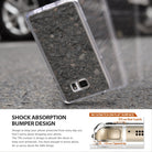 Galaxy Note 5 Case | Mirror - A reflective phone case falling toward asphalt, with an inset diagram showing protective bumper edges.