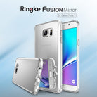 Galaxy Note 5 Case | Mirror - Two Galaxy Note 5 phones in clear, reflective mirror-finish protective cases against blue.