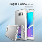 Galaxy Note 5 Case | Mirror - Three Galaxy Note 5 phones in clear, reflective mirror-finish cases against a blue background.