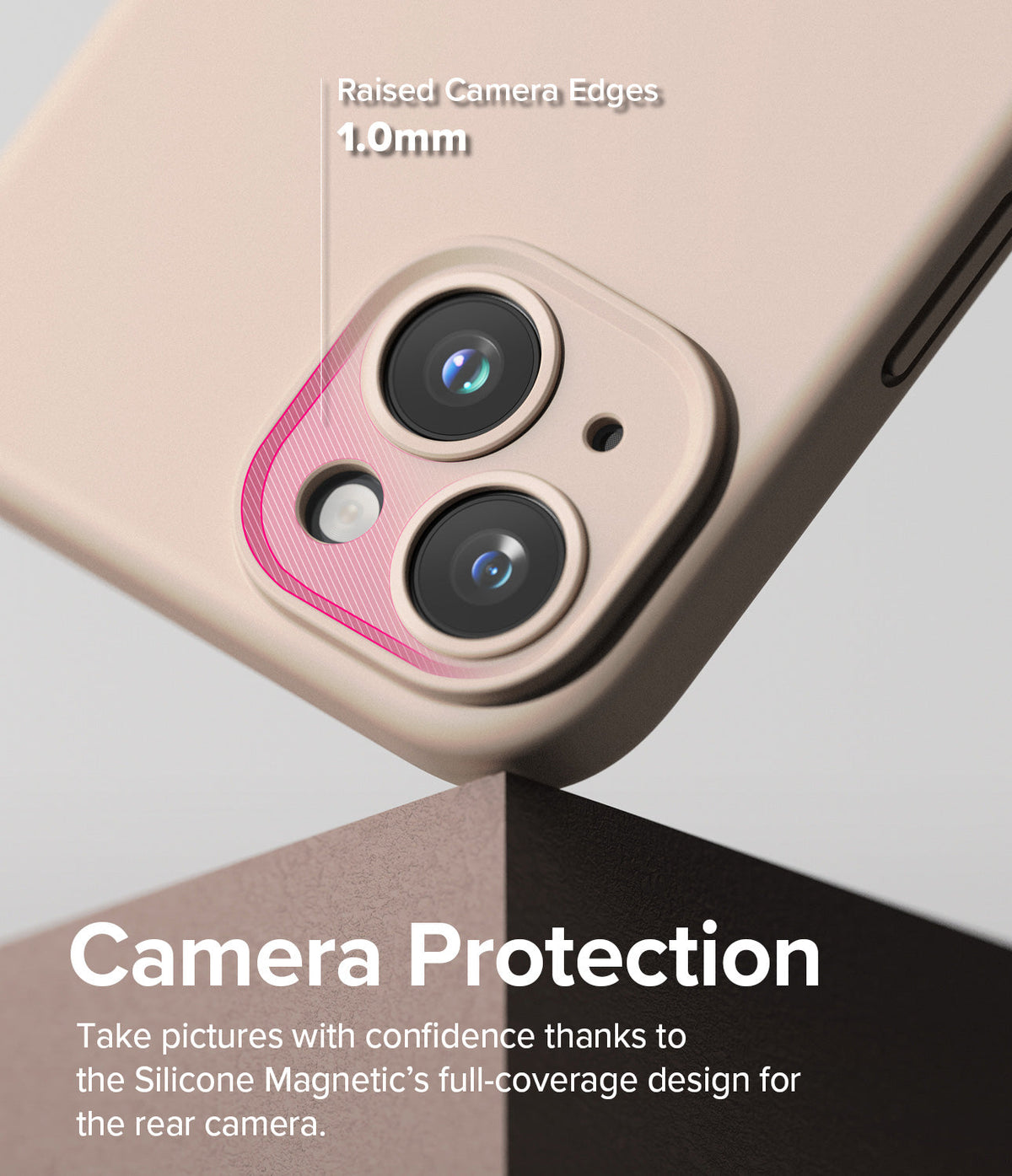 iPhone 15 Case | Silicone Magnetic - Pink silicone phone case showing 1.0mm raised camera edges for lens protection.