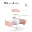 AirPods Pro Case - Peach Pink - Exploded view of a peach pink protective case and film layers surrounding white AirPods Pro.