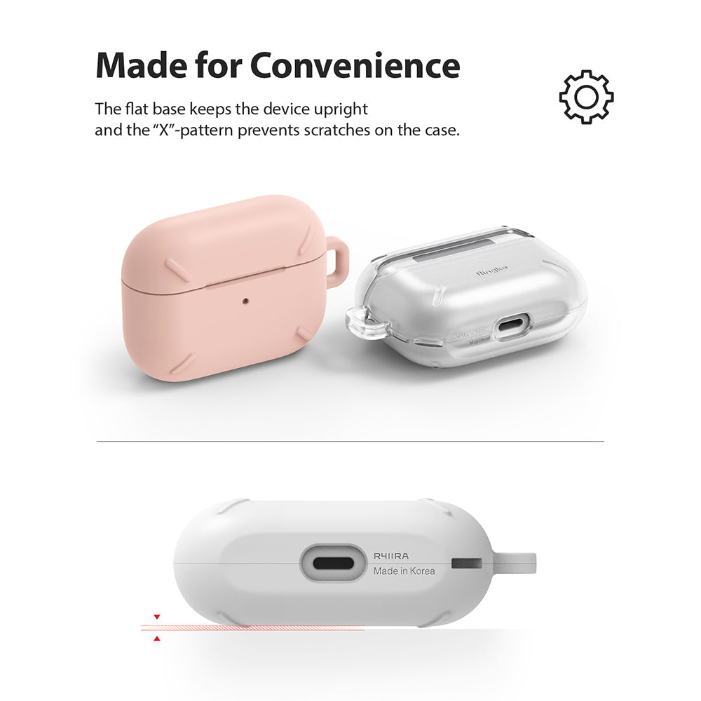 AirPods Pro Case - Peach Pink - Peach pink and clear protective cases for AirPods Pro with flat bases and X-pattern details.