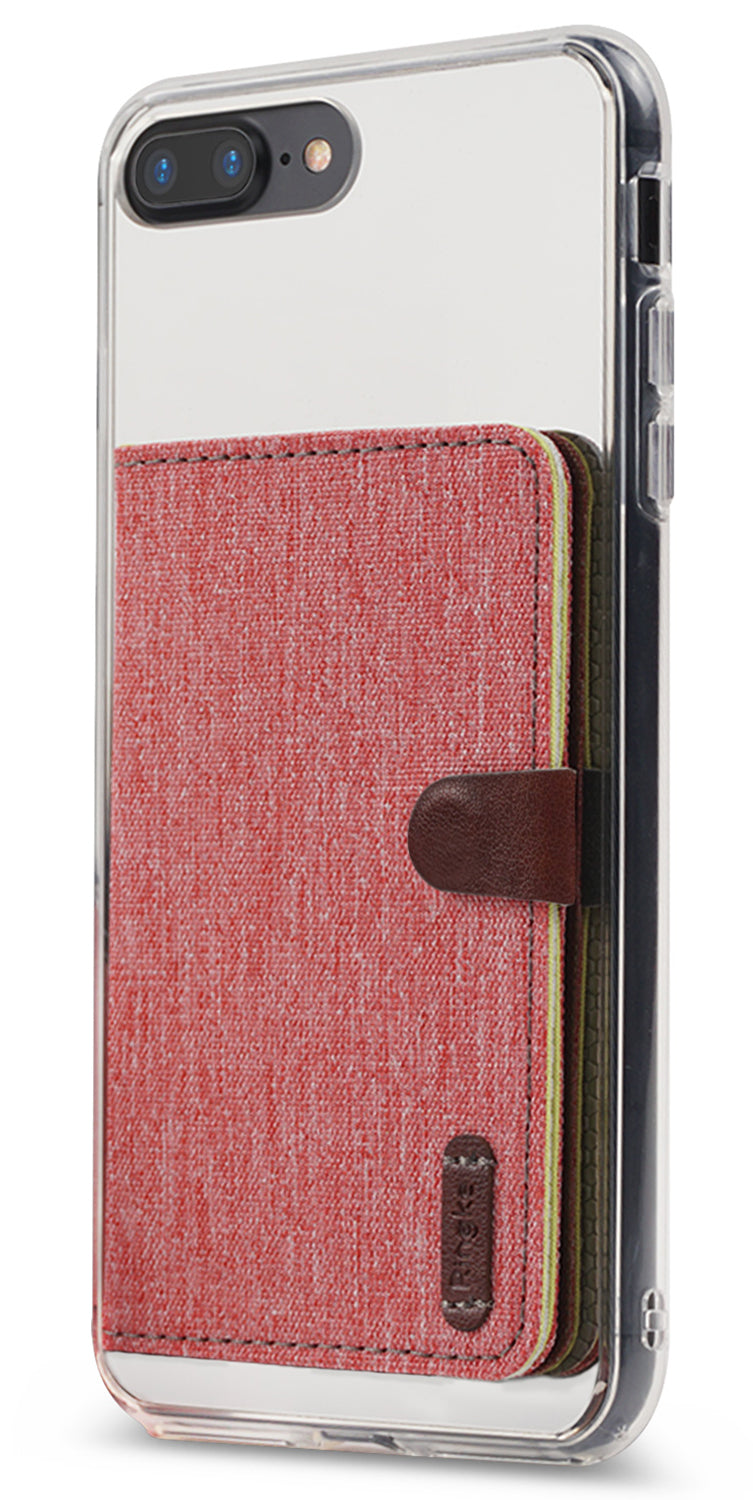 Card Holder | Flip - Red fabric card holder attached to a clear smartphone case with a brown leather magnetic clasp.