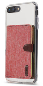 Card Holder | Flip - Red fabric card holder attached to a clear smartphone case with a brown leather magnetic clasp.