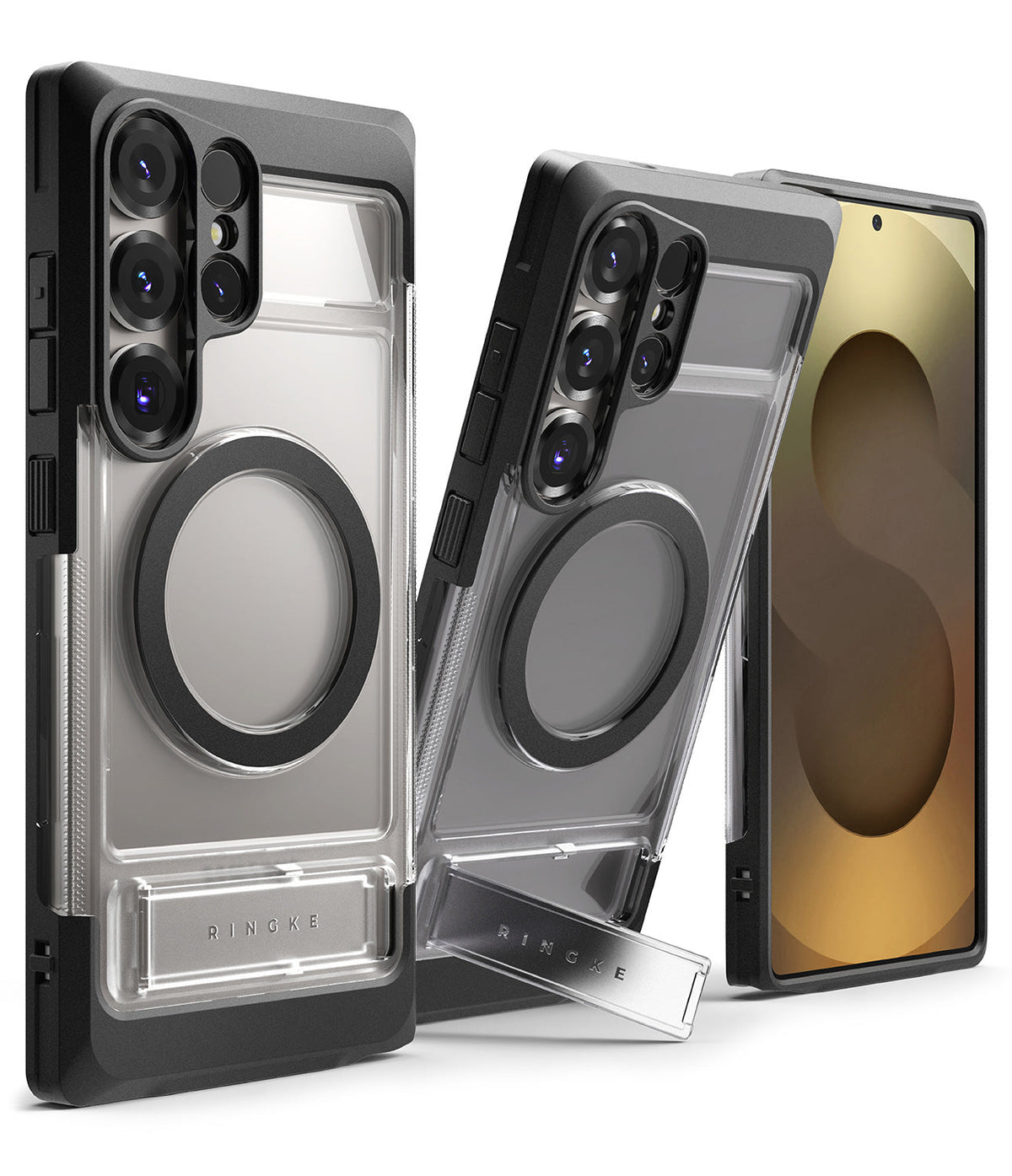 Galaxy S25 Ultra Case | UX Magnetic - Clear cases with black frames, magnetic rings, and built-in kickstands for Galaxy S25.
