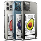 iPhone 12 Pro Max Case | Fusion Design Fruit - Three clear phone cases featuring strawberry, blueberry, and avocado labels.