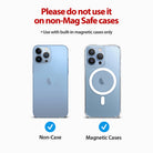 Card Holder | Magnetic Slot - Comparison of a phone without a case and a phone with a magnetic case, warning against non-MagSafe use.