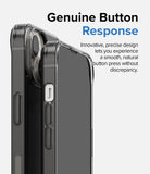 iPhone 14 Plus Case | Fusion Matte - Close-up of a smoke-colored matte phone case highlighting precise, tactile button cutouts.