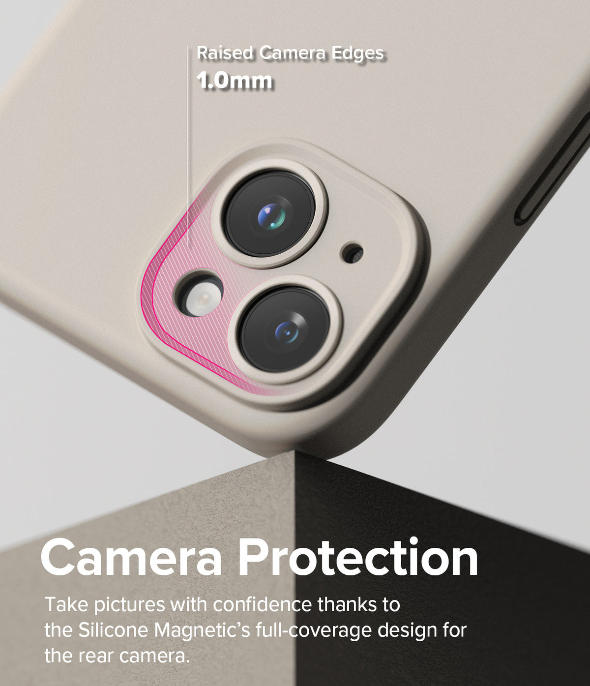 iPhone 15 Case | Silicone Magnetic - Beige phone case showing 1.0mm raised camera edges for lens protection.
