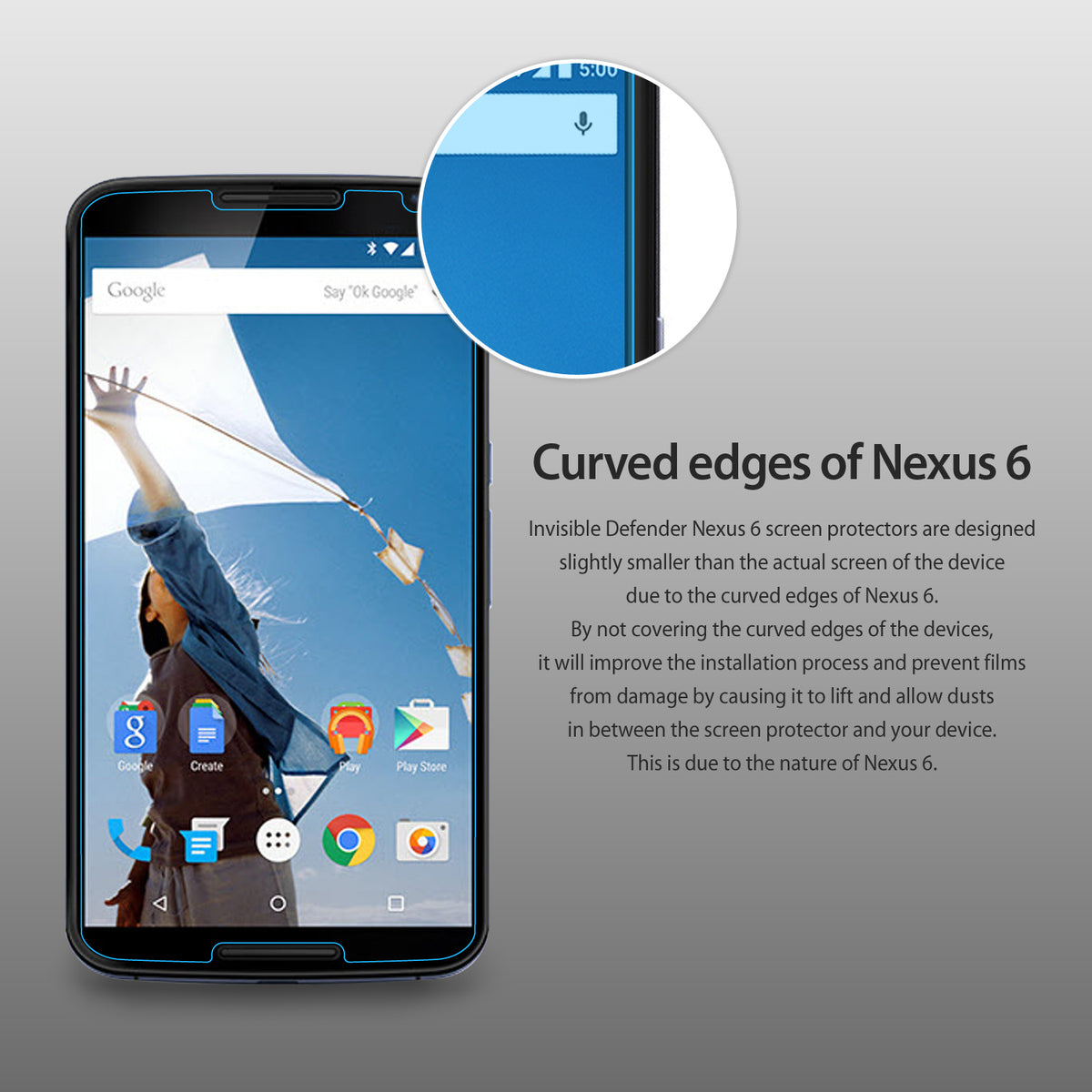 Google Nexus 6 Screen Protector | Invisible Defender [4P] - Nexus 6 with a screen protector showing a gap at the edge.