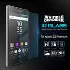 Xperia Z5 Premium Screen Protector | Invisible Defender Glass - Xperia Z5 Premium Screen Protector - Tempered glass film hovering over a Sony Xperia Z5 smartphone with feature icons.