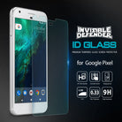 Google Pixel Screen Protector | Invisible Defender Glass - Google Pixel Screen Protector - Invisible Defender glass screen protector floating over a white Google Pixel smartphone.