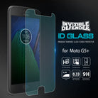 Moto G5 Plus Screen Protector | Invisible Defender Glass [2P] - Moto G5 Plus Screen Protector - Tempered glass film hovering over a Moto G5 Plus phone with feature icons on a black background.