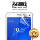 Xperia Z3 Compact Screen Protector | Invisible Defender - Xperia Z3 Compact Screen Protector - Invisible Defender film being applied to a Sony smartphone with a 3+1 pack seal.
