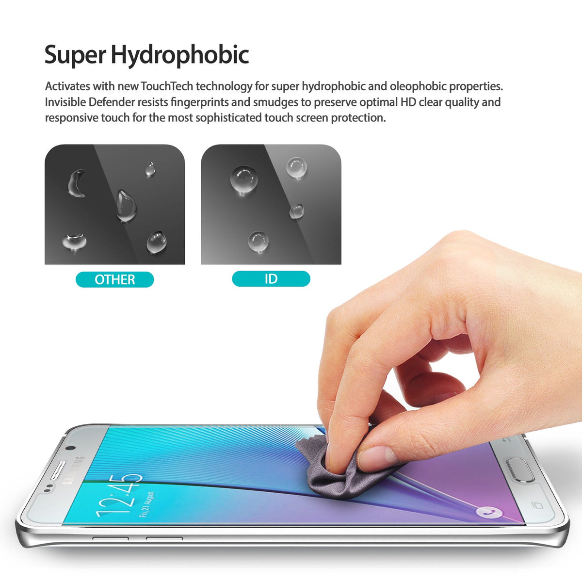 LG G4 Screen Protector | Invisible Defender - LG G4 Screen Protector - Comparison of water beading on standard versus Invisible Defender screen protector surfaces.