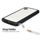 Google Nexus 5 Case | Fusion - Black - Black protective case on a Nexus 5 phone with a white wrist strap attached.