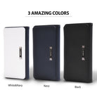 iPhone 8 / 7 / SE 2020 / SE 2022 Case | Wallet - Three wallet cases in white/navy, navy, and black with metal logo plates.
