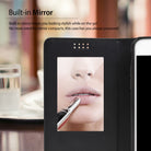 iPhone 8 / 7 / SE 2020 / SE 2022 Case | Wallet - Black wallet phone case with a built-in mirror showing a woman applying lipstick.