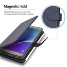 Galaxy Note 5 Case | Wallet - Blue leather wallet case for Galaxy Note 5 with a magnetic flap closure shown in a detail inset.