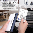 Galaxy Note 5 Case | Wallet - Hands holding a white and blue wallet phone case and a Ringke branded credit card.