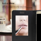 Galaxy Note 5 Case | Wallet - Black leather phone case with a built-in mirror showing a woman applying lipstick.