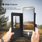 Galaxy Note 5 Case | Wallet - Hands holding a black wallet case with a phone sliding upward to expose the rear camera.