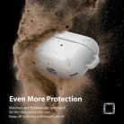 AirPods Pro Case - White - White protective case for AirPods Pro surrounded by a cloud of dust against a black background.