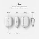 AirPods Pro Case - White - Diagram showing dimensions and components of a white AirPods Pro case with a metal carabiner.