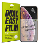 iPhone XS Screen Protector | Dual Easy Film - Ringke screen protector packaging next to an iPhone XS with film.