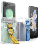 Galaxy Z Flip 7 FE / 6 / 5 / 4 / 3 | Hinge Cover Tarpaulin - Galaxy Z Flip 7 FE / 6 / 5 / 4 / 3 | Two clear phone cases with hinge covers and yellow or blue danger-themed ring straps.