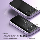 Galaxy Z Flip 3 Screen Protector | Cover Display Glass [3 Pack] - Galaxy Z Flip 3 Screen Protector - Two lavender Galaxy Z Flip 3 phones with a glass screen protector being applied.