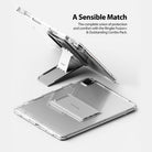 Fusion Plus + Outstanding | iPad - Clear iPad case with a foldable silver kickstand shown propped up and lying flat.