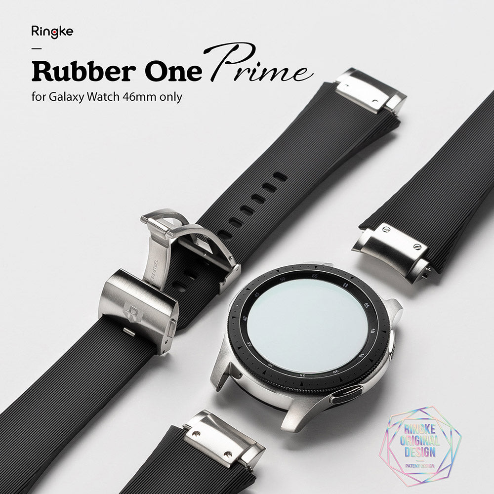 Galaxy Watch (46mm) | Rubber One Prime Band - Black ribbed watch band with metal clasp and Galaxy Watch 46mm case.