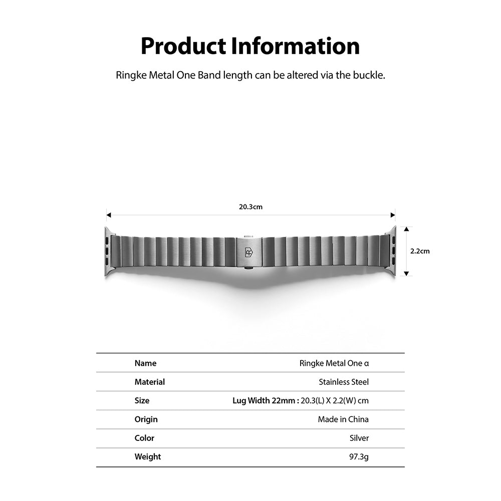 Apple Watch 49·46·45·44·42 mm | Metal One Band α - Silver - Technical diagram of a silver stainless steel watch band.