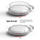 AirTag Case | Slim [4 Pack] - Clear - Diagram showing a clear AirTag case with a twist-lock mechanism to open and close.