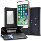 iPhone 8 Plus / 7 Plus Case | Wallet - Navy blue leather wallet case holding an iPhone with cash and cards visible.