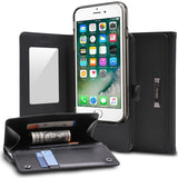 iPhone 8 / 7 / SE 2020 / SE 2022 Case | Wallet - Black leather wallet case with phone, card slots, and cash storage.