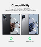 Xiaomi 12T / 12T Pro Screen Protector | Full Cover Glass - Xiaomi 12T / 12T Pro Screen Protector - Black and silver Xiaomi 12T and 12T Pro phones shown with compatibility labels.
