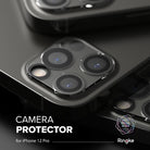 iPhone 12 Pro | Camera Protector Glass [3 Pack] - Close-up of black camera lens protectors installed on an iPhone 12 Pro.
