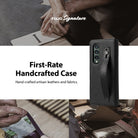 Galaxy Z Fold 3 Case | Folio Signature EZ Strap - Black textured leather phone case with a strap, shown with artisan leatherworking scenes.