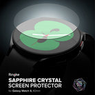 Galaxy Watch 5 / 4 (40mm) Screen Protector | Sapphire Crystal Glass - Galaxy Watch 5 / 4 (40mm) Screen Protector - Transparent glass disc hovering above a black smartwatch with a green face.