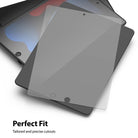 Tempered Glass | iPad - Transparent screen protector hovering over a black tablet with precise cutouts for camera and button.
