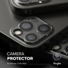 iPhone 12 Pro Max | Camera Protector Glass [3 Pack] - iPhone 12 Pro Max | Camera Protector Glass - Close-up of black camera lens protectors installed on an iPhone 12 Pro Max.