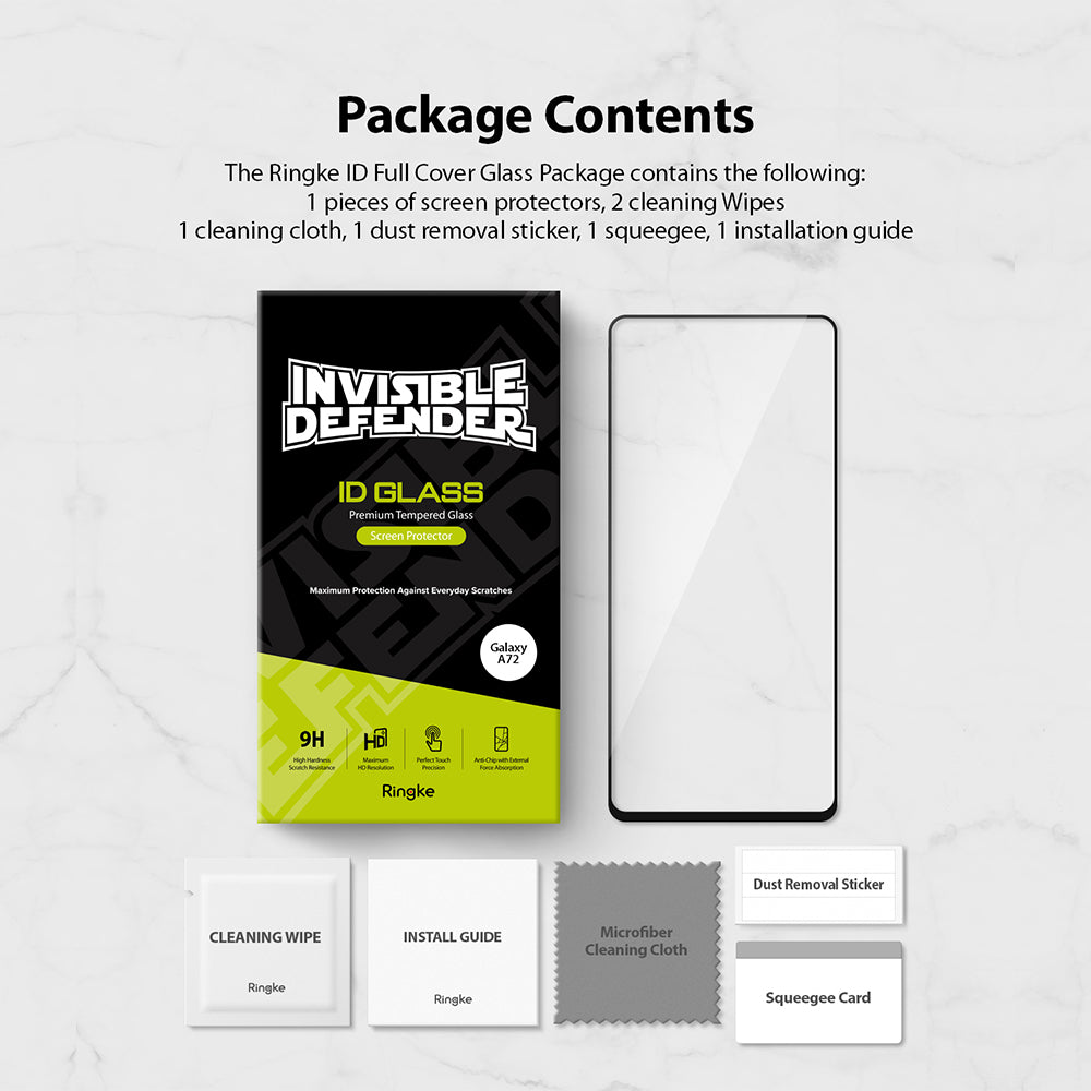 Galaxy A72 Screen Protector | Invisible Defender - Galaxy A72 Screen Protector - Invisible Defender box, glass screen protector, wipes, cloth, sticker, and squeegee card.