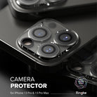 iPhone 13 Pro / 13 Pro Max | Camera Protector Glass [3 Pack] - Close-up of clear glass lens protectors on a black phone.